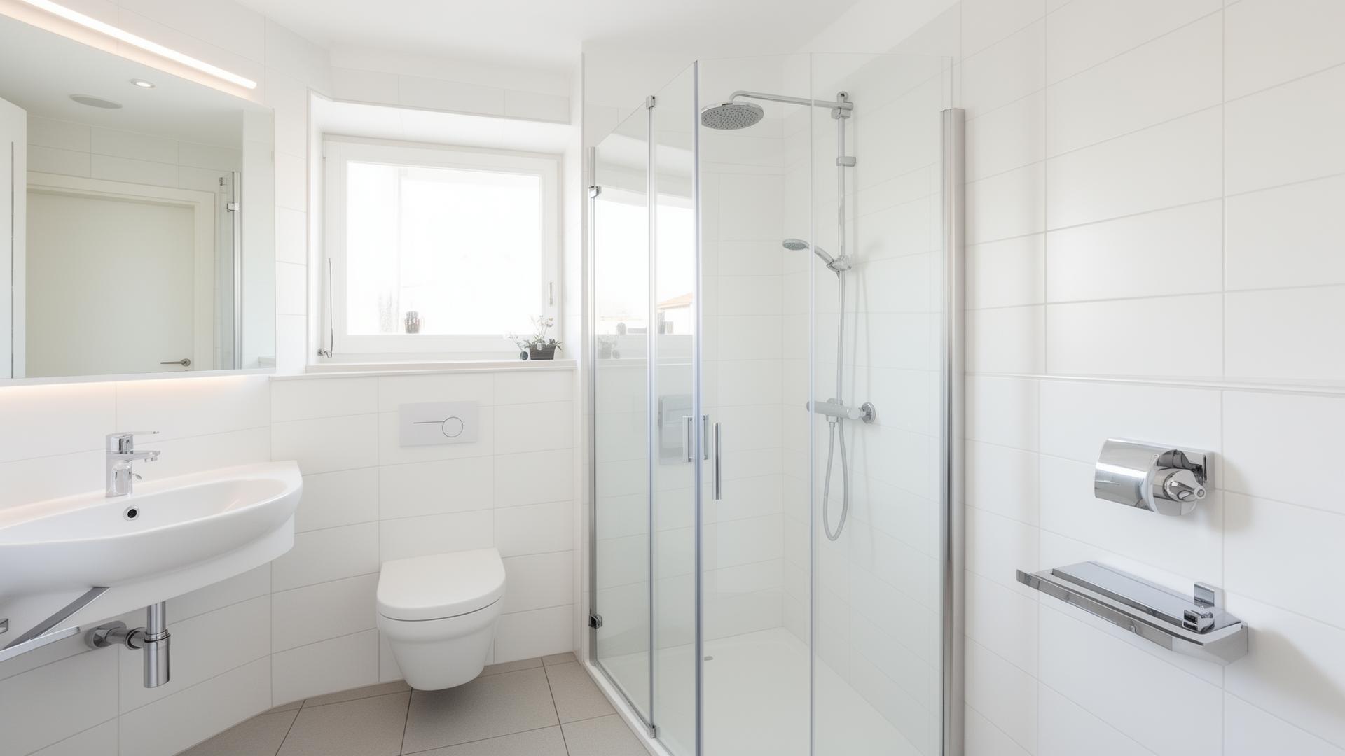 Frisch saniertes Badezimmer mit großformatigen Fliesen und bodengleicher Dusche